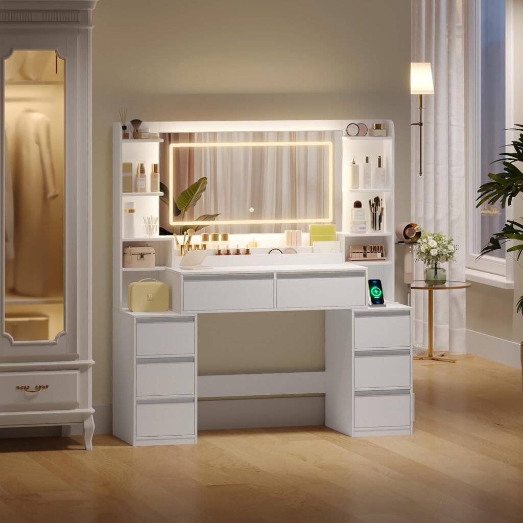 HEXCELEN 135 cm Dressing Table with Mirror, Vanity Desk, Adjustable 3-Colour LED Lights, Dressing Table with Plug, Hairdryer Holder, 8 Drawers, Open Storage Spaces, Modern, White-Silver